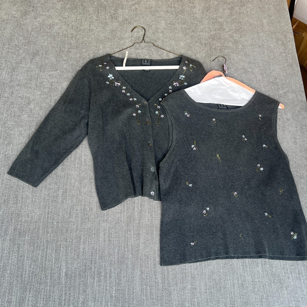 I.N.C. International Concepts 2 Piece Set Cardigan Tank Top Womens L Gray Floral